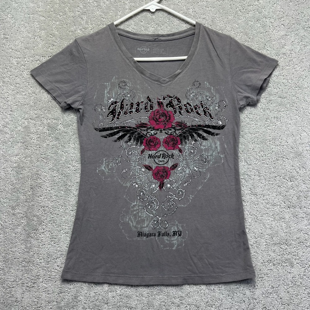 Hard Rock Cafe T Shirt Womens XS Gray Niagara Falls NY V-Neck Graphic Rose Wings